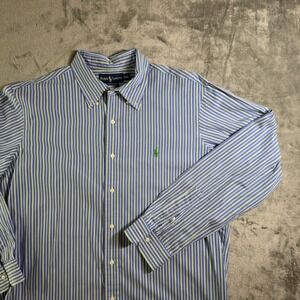 Ralph Lauren Striped Button Down Shirt Custom Fit Green Logo XL